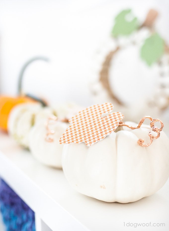 Cut a leaf with a Silhouette Cameo and add some copper wire to decorate a white pumpkin | www.1dogwoof.com