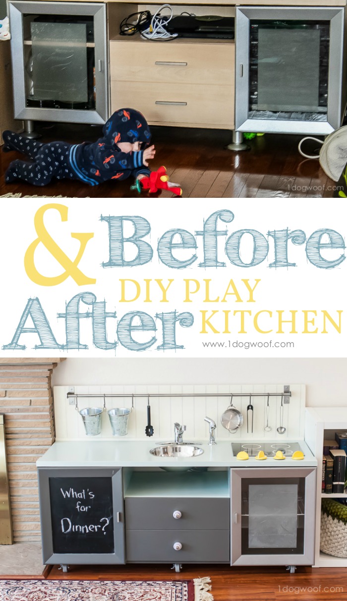 Before & After of our diy play kitchen. I'm also sharing tips and tricks to make this project functional, lightweight and inexpensive! via www.1dogwoof.com