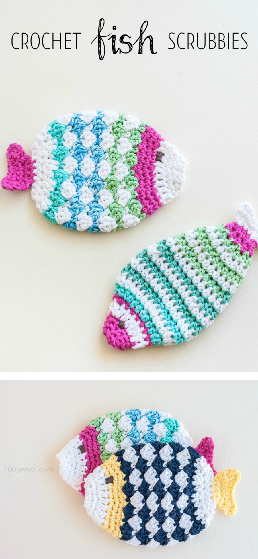 Crochet fish scrubbie washcloths. Wouldn't this make great housewarming gifts? | www.1dogwoof.com