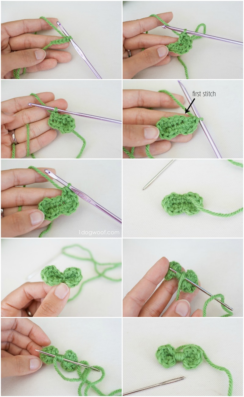 Itty bitty crocheted mini bows. Sweet, simple and easy to make. Also great for scrapbusting! | www.1dogwoof.com