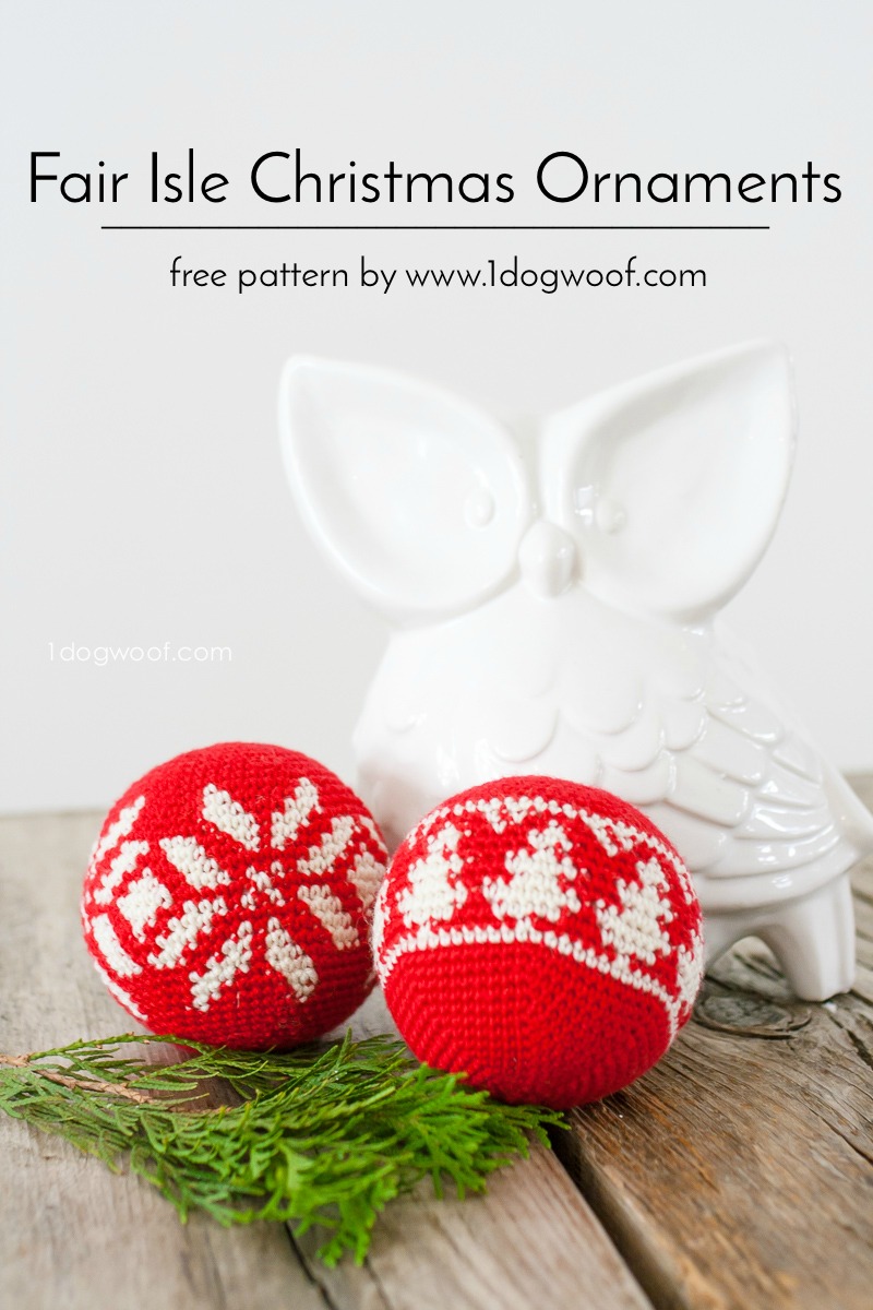 Crochet your own Fair Isle Christmas ornaments with these free patterns. There's a fair isle snowflake, and a fair isle evergreen tree. Patterns by 1dogwoof.com