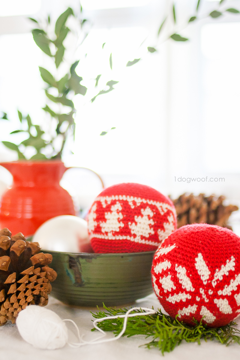 DIY Fair Isle Christmas ornaments - an Evergreen tree and a snowflake. Both are free crochet patterns from 1dogwoof.com