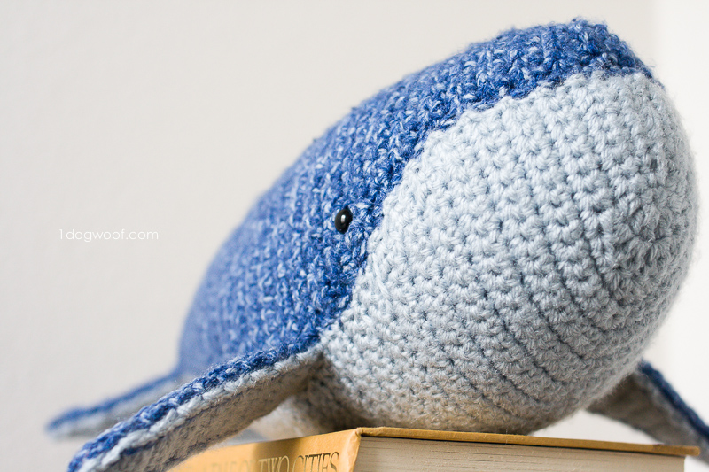 Front view of crochet whale to show how the mouth is worked up