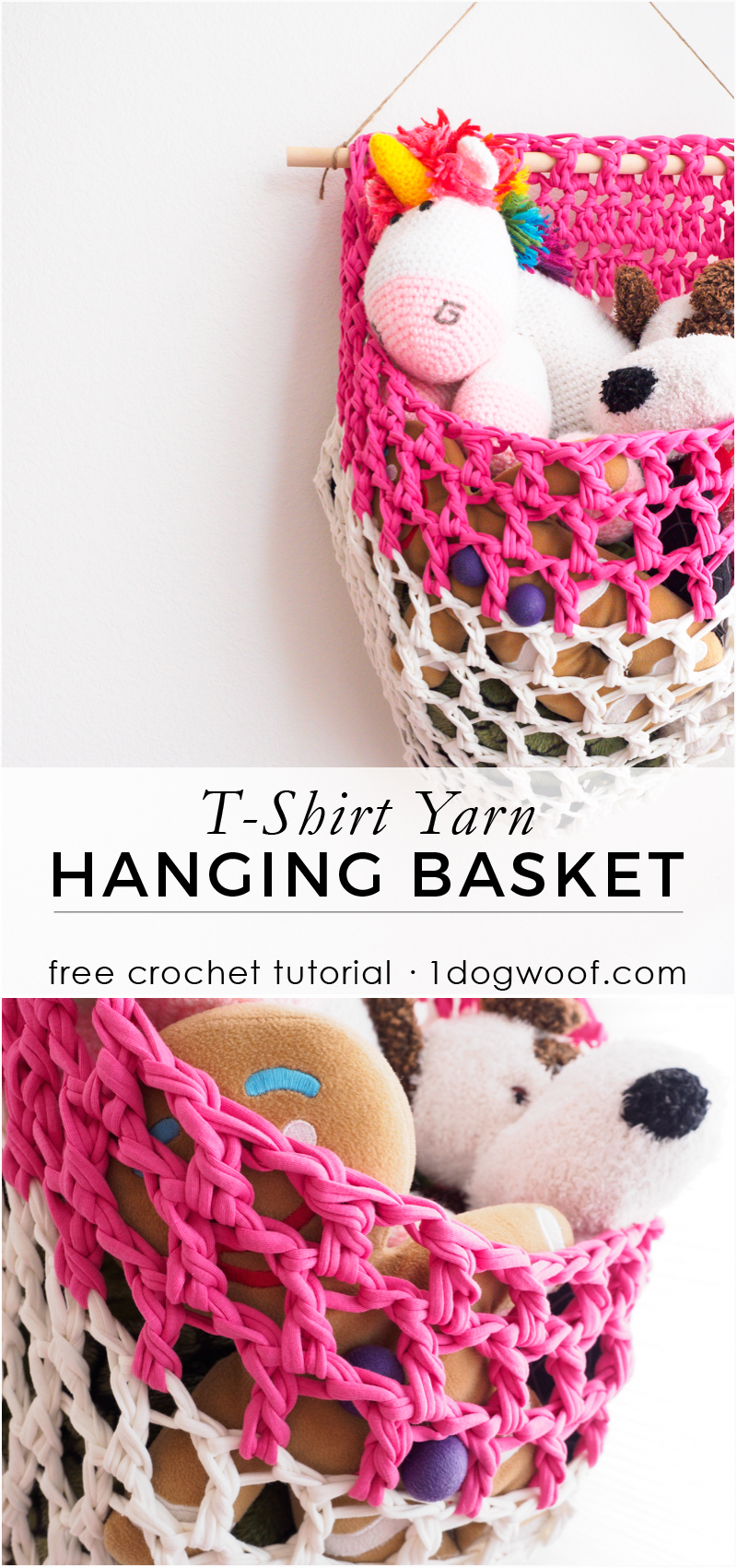 Make a fabric yarn or t-shirt yarn hanging basket with this free crochet pattern from 1dogwoof.com