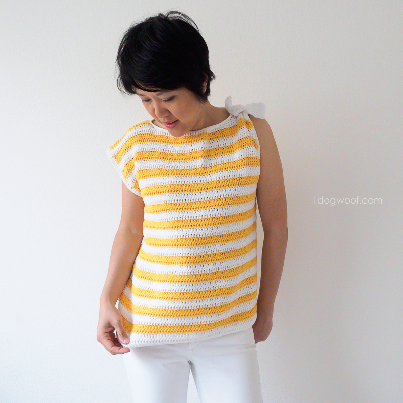 crochet striped top with shoulder knot