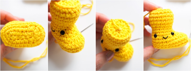 different views of an amigurumi crochet rain boot