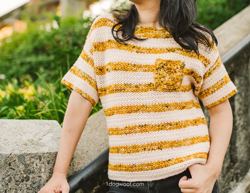 Dappled tee striped crochet top with pocket
