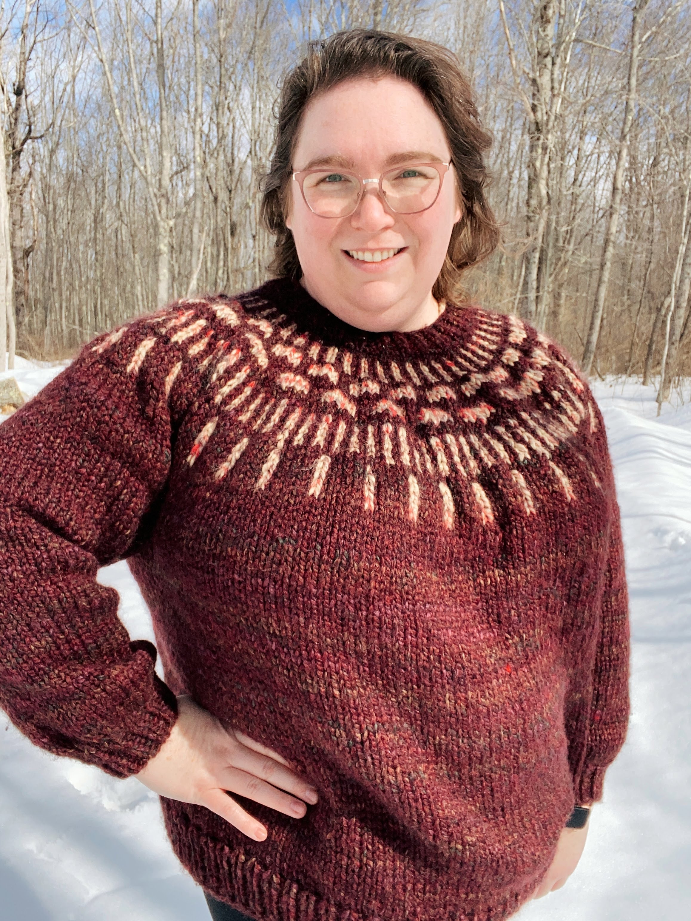 rust and warm colors on a simple colorwork sweater